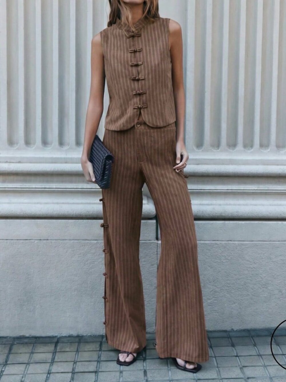 Brown Casual Women's  Sleeveless Vest And Wide-Leg Pants Set With Fold